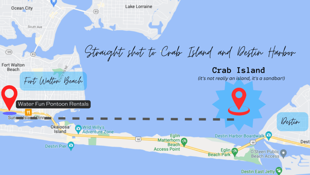 A map from Water Fun Pontoon Rentals in Fort Walton Beach Florida to Crab Island in Destin Florida