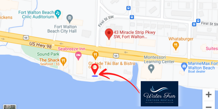 A map showing the location of Water Fun Pontoon Rentals in Fort Walton Beach, Florida